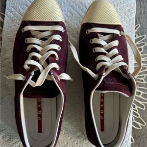 Prada suede burgundy lace up tennis shoe for every day wear. Fun! Beautiful!